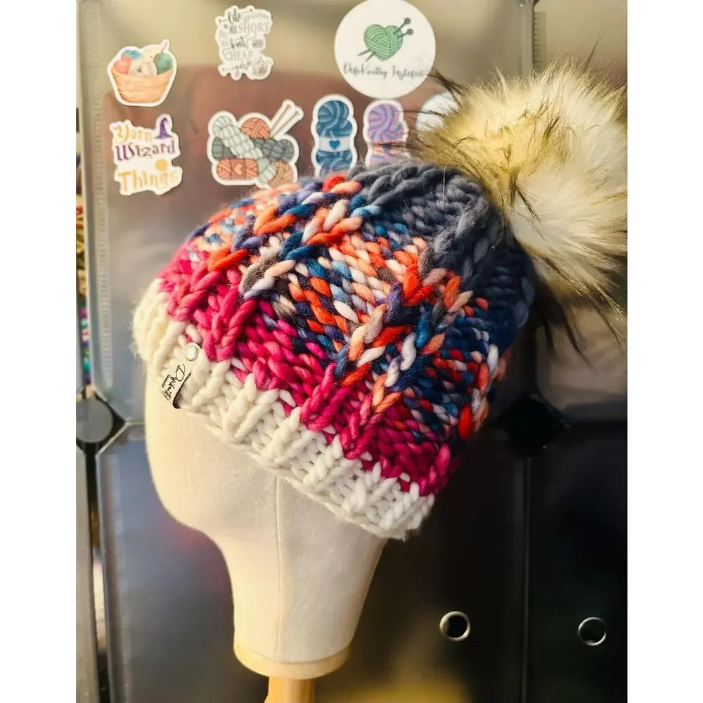 Handmade Scrappy Merino Wool Beanie: Colorful Winter Hat with Faux Fur Pom